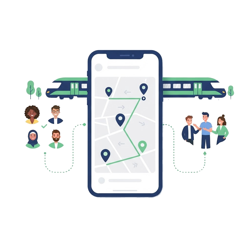 Illustration of a phone app showing a route map connecting commuters into a travel group with a train in the background