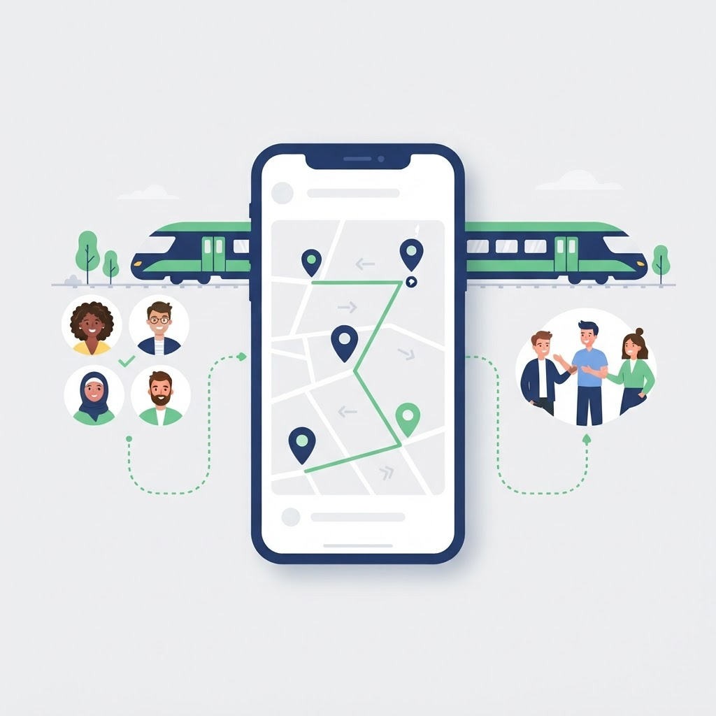 Illustration of a phone app showing a route map connecting commuters into a travel group with a train in the background