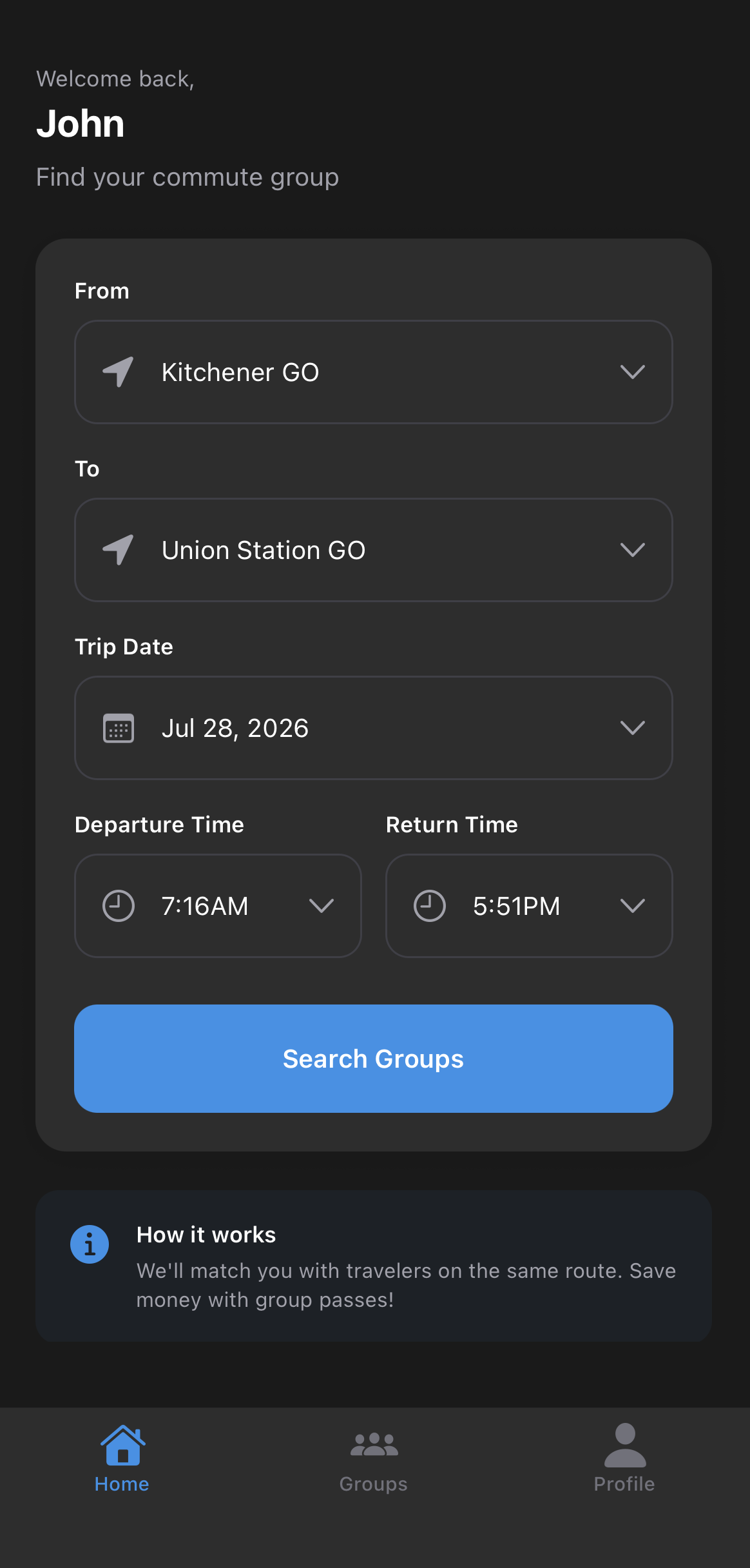 Commute Union screen for searching commuters by route, date, and time