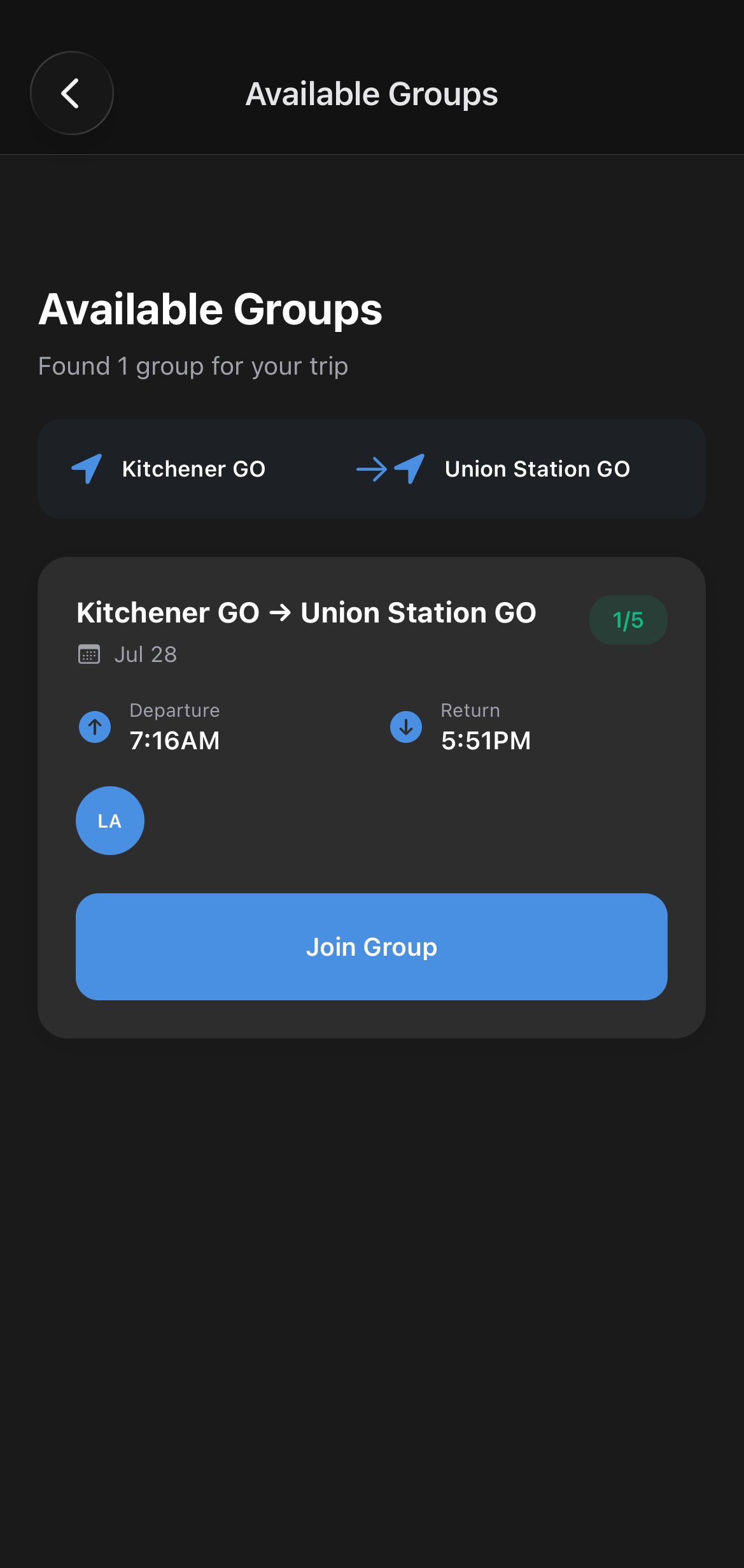 Commute Union screen showing an available commute group