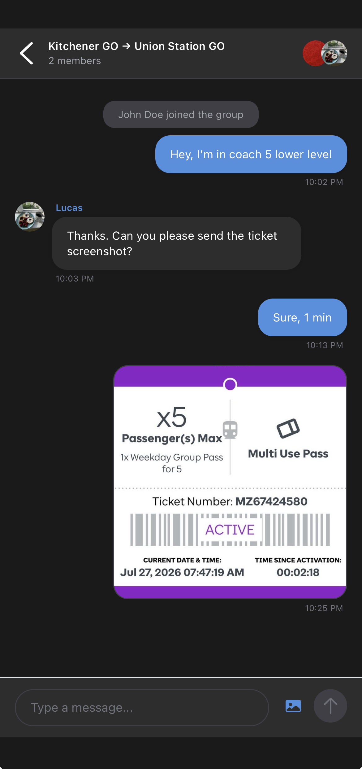 Commute Union group chat used to coordinate a trip